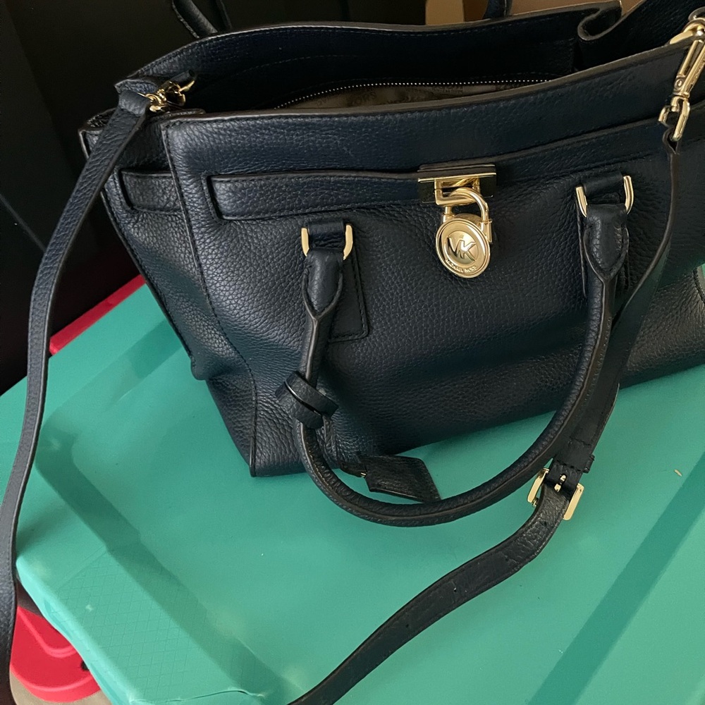 Michael Kors Navy Pebbled Leather Satchel with Gold Hardware